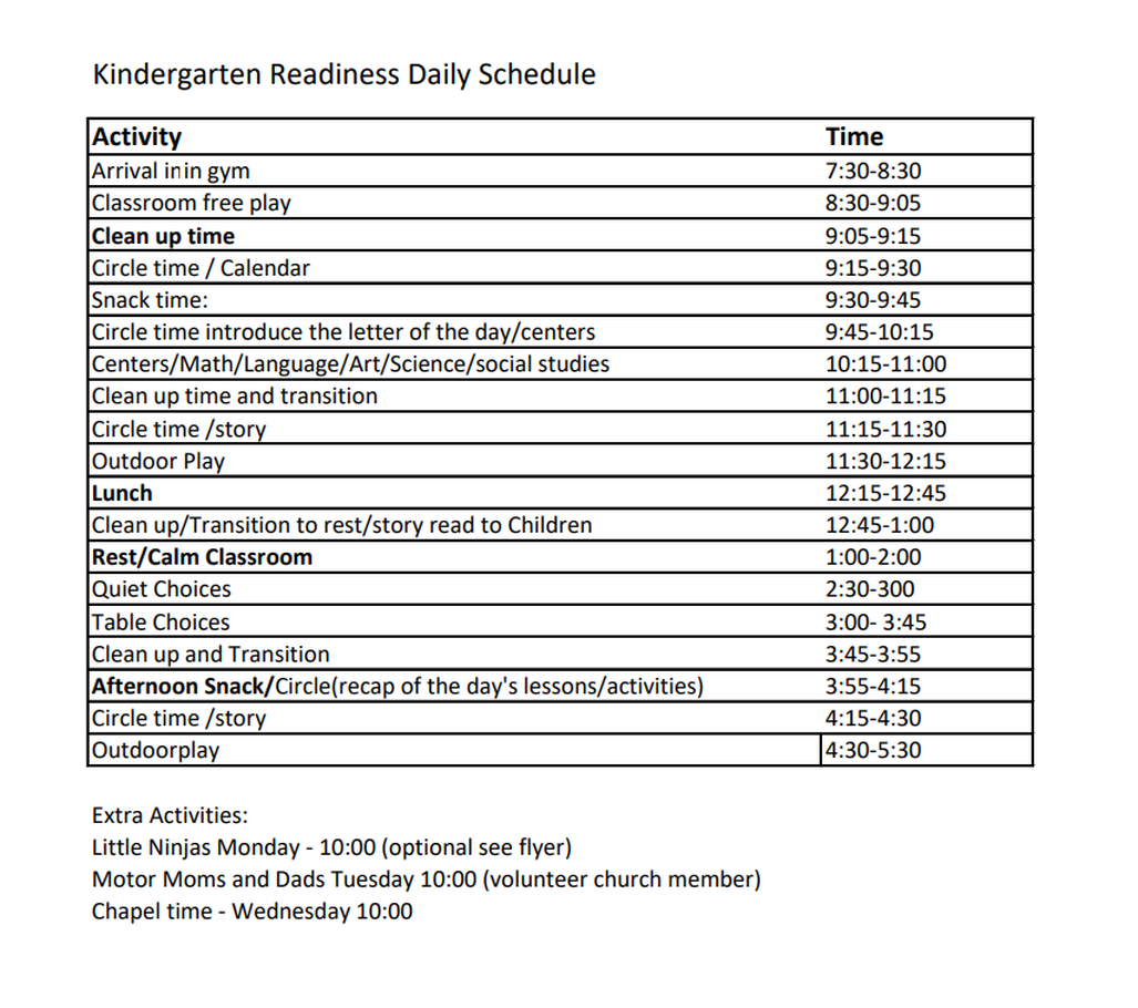 Kindergarten Readiness Schedule